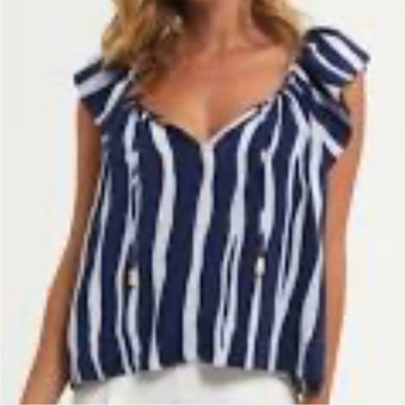 Marie Oliver Silky Patterned Tie-Neck Top – Size Small blue navy - Picture 7 of 7